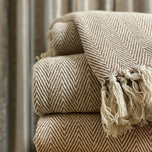 Luxury Woven 100% Cotton Natural Beige Brown Tweed Herringbone Sofa/bed ...