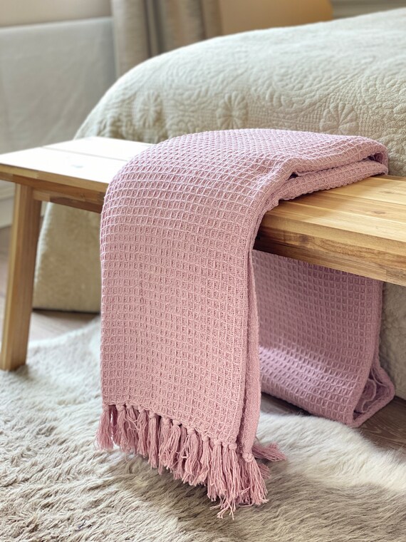 Luxury Woven 100 Cotton Warm Pale Pink Blush Plain Minimalist Honeycomb Sofa Bed Blanket Throw X Large Soft Machine Washable Fringe Etsy Canada