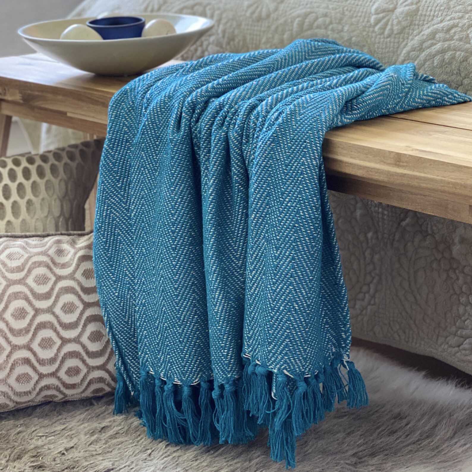 100 Cotton Woven Herringbone Blankets Throws Fringed Etsy UK