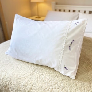 White Embroidered Lavender 100% Cotton Pillowcase Floral Lace Detail Standard Size