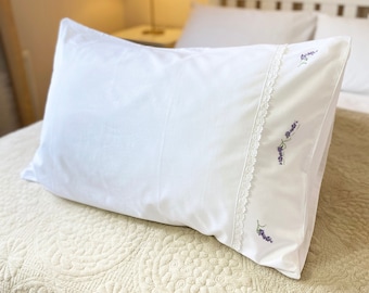 White Embroidered Lavender 100% Cotton Pillowcase Floral Lace Detail Standard Size
