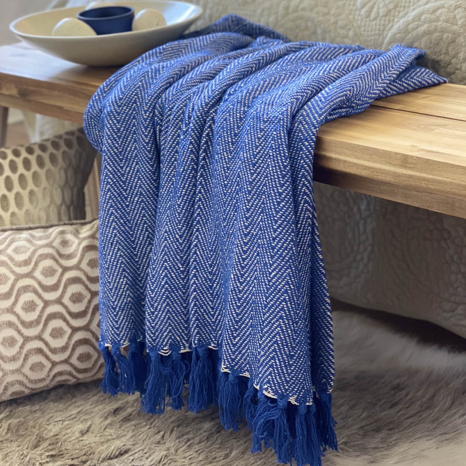 100 Cotton Woven Herringbone Blankets Throws Fringed Etsy UK
