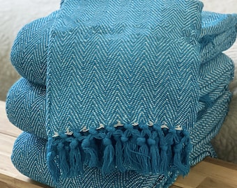 Luxury Woven 100% Cotton Teal Petrol Blue Tweed Herringbone Sofa/Bed Blanket Throw Extra Large Soft Machine Washable Fringed