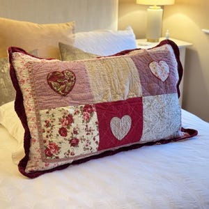 Beautiful Cotton Patchwork Quilted Pillowcase, Deep Red Burgundy Wine Velvet Details, Hearts Country Floral,