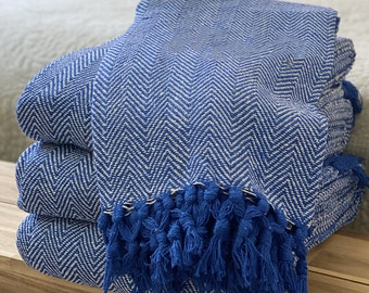 Luxury Woven 100% Cotton Classic Deep Blue Tweed Herringbone Sofa/Bed Blanket Throw Extra Large Soft Machine Washable Fringed