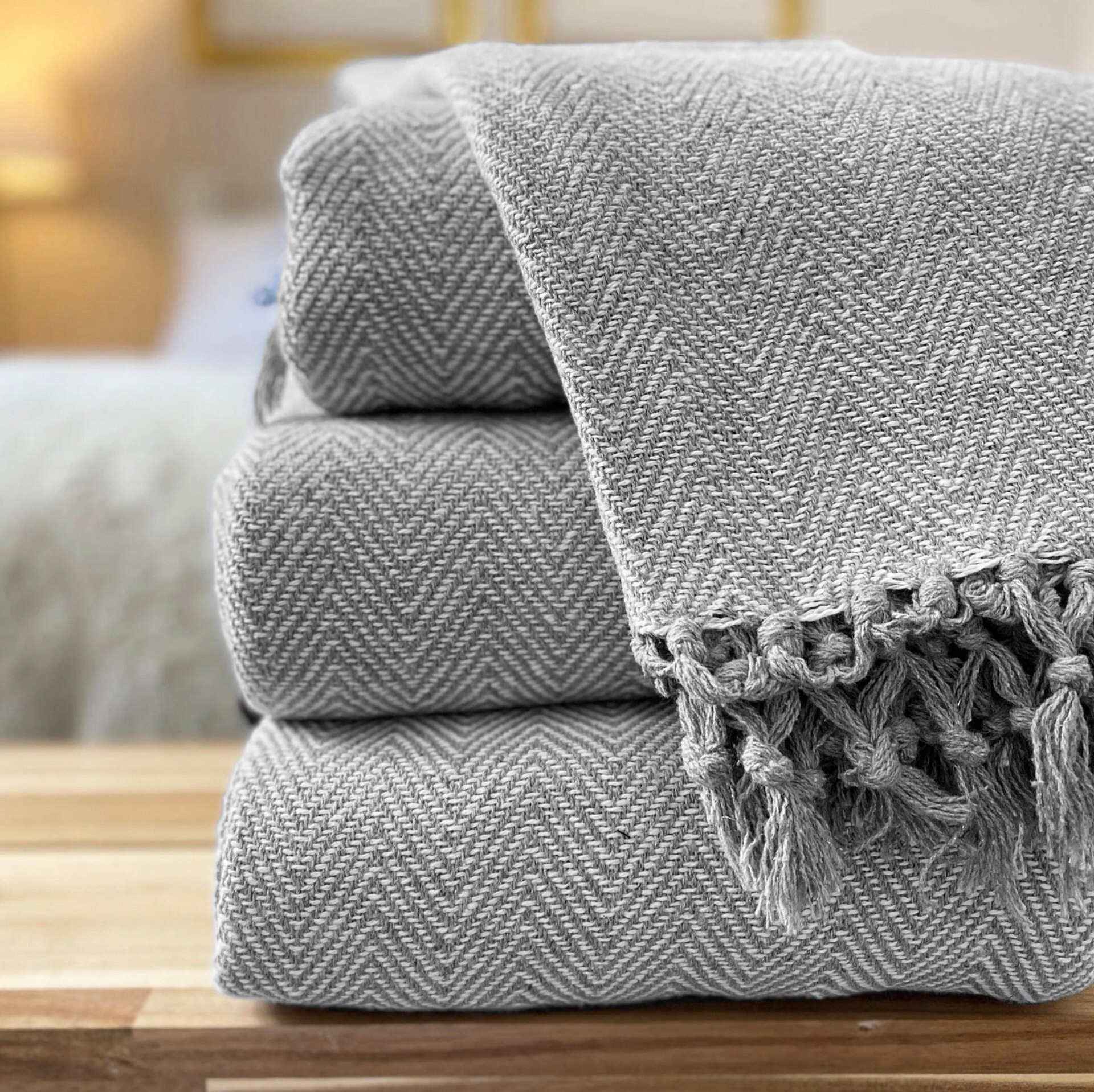 Woven Pure Cotton Herringbone Blankets Throws Fringed Traditional Soft Tweed Chevron Black Beige Red Mustard Yellow Dove Grey Etsy
