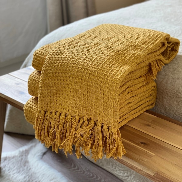 Couverture de canapé-lit tissée de luxe 100 % coton jaune moutarde ocre minimaliste minimaliste en nid d'abeille X grande frange douce lavable en machine