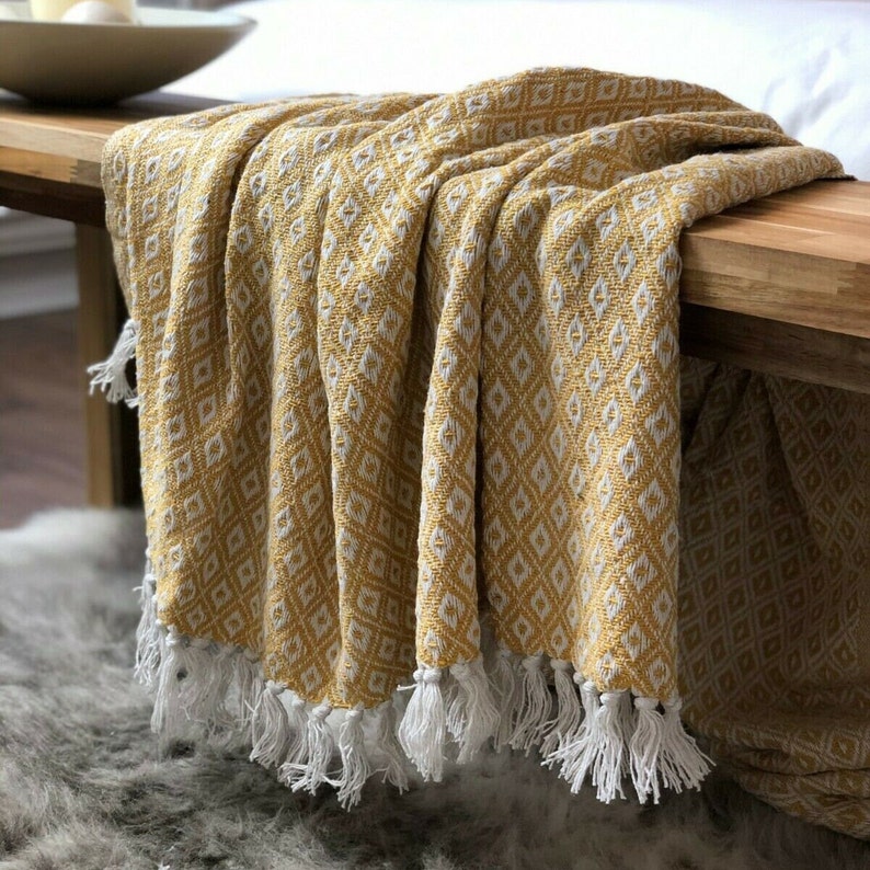 Woven 100 Cotton Ochre Yellow / White Sofa Blanket Throw Etsy UK