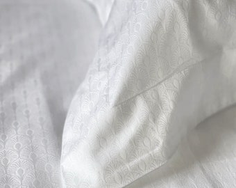 Blanc de luxe 100 % coton égyptien - 550 fils au pouce - éventail art déco - housses de couette, taies d'oreiller, draps-housses/plats très profonds