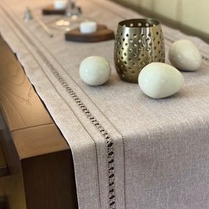 Luxury Woven Faux Linen Neutral Natural Beige Taupe Table Runner Cutwork Lace Border Plain Table Linen Contemporary Minimalist Simple image 3