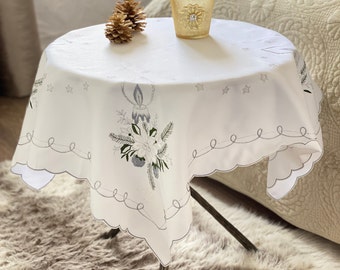 Luxury White / Silver Embroidered Appliqué Christmas Candle Festive Xmas Design Tablecloth (36in x 36in) Centrepiece Stars