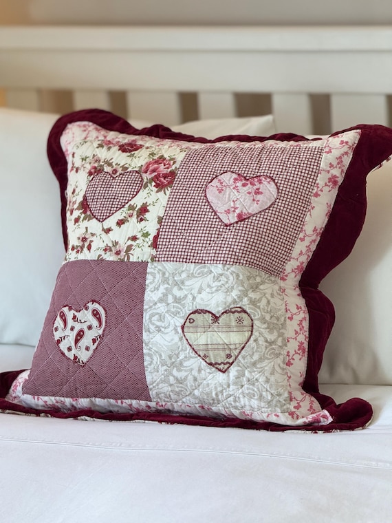 Vintage Patchwork Heart Cushion Cover: Floral Cottagecore Pillow