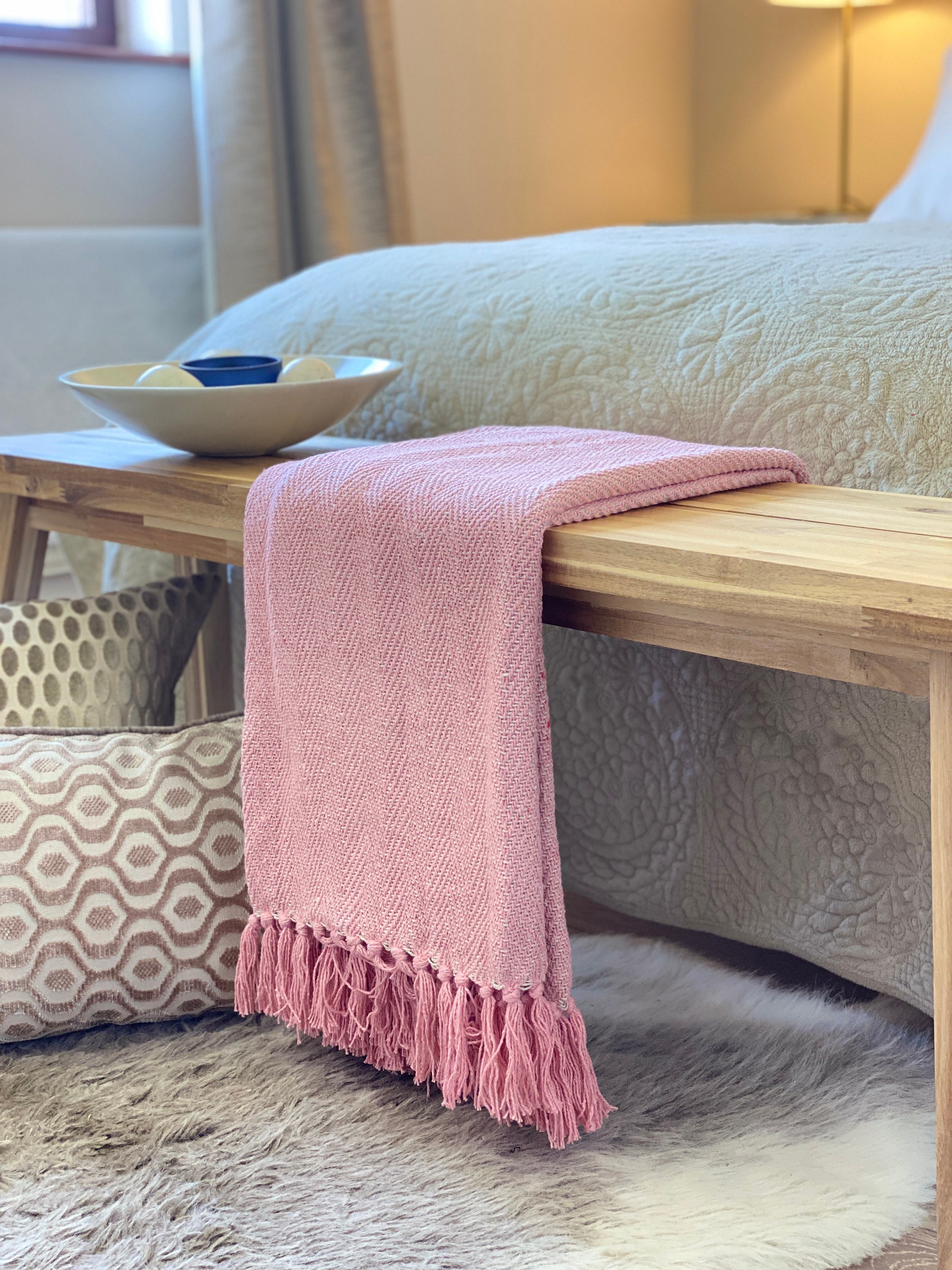 Luxury Woven 100 Cotton Pale Pink Tweed Herringbone Sofa bed Blanket Throw Extra Large Soft Machine Washable Fringed Etsy