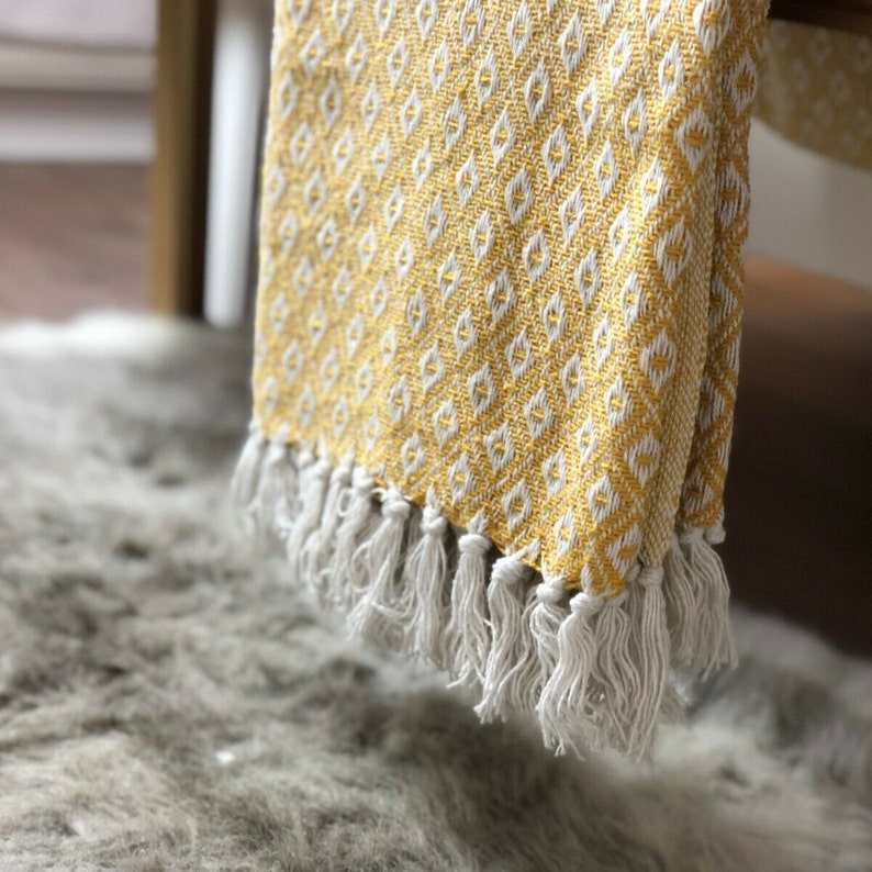 Woven 100 Cotton Ochre Yellow / White Sofa Blanket Throw Etsy UK