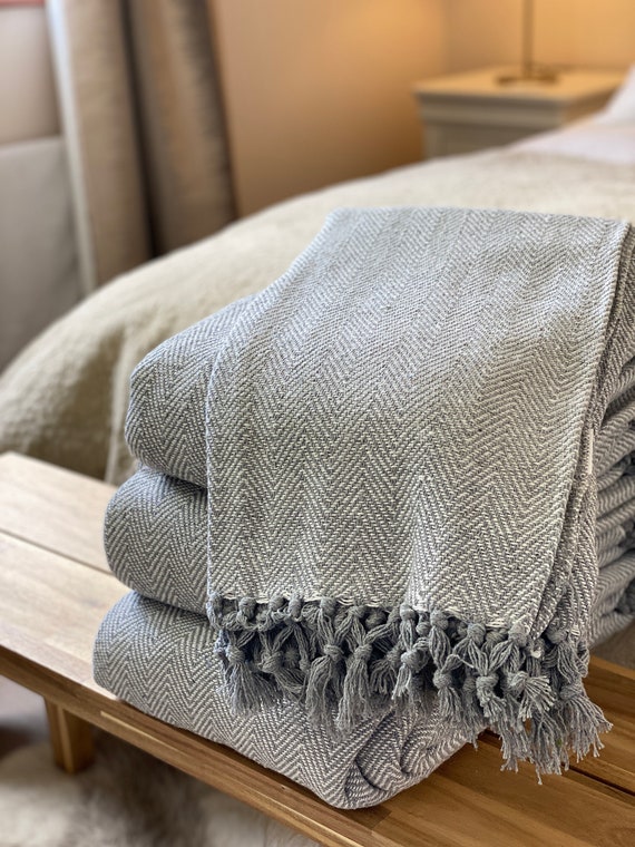 Luxury Woven 100 Cotton Pale Dove Grey White Tweed Herringbone Sofa bed Blanket Throw Extra Large Soft Machine Washable Fringed Etsy UK