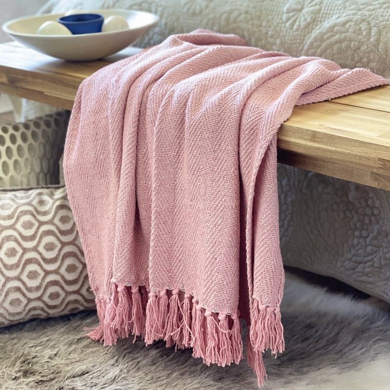 100 Cotton Woven Herringbone Blankets Throws Fringed Etsy UK