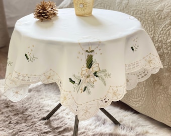 Luxury Embroidered/Appliqué Christmas Candle Festive Xmas Design Soft Cream + Gold Tablecloth (36in x 36in) Centrepiece