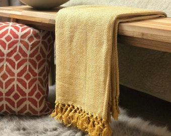 Luxury Woven 100 Cotton Mustard Yellow Ochre Tweed Herringbone Sofa bed Blanket Throw Extra Large Soft Machine Washable Fringed Etsy