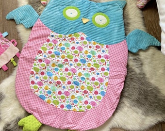 Blue Pink Owl Baby Play Mat, Floor Rug - Gift for New Born Baby Girl or Boy, Baby Shower, Nursery Gift - Cushioned and Textured