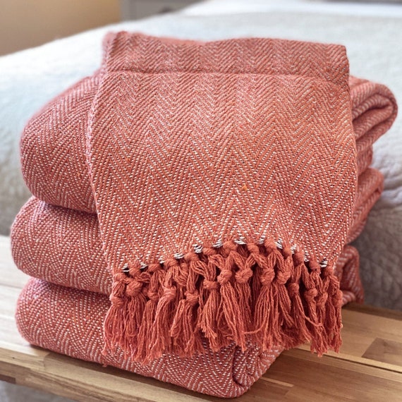 Luxury Woven 100 Cotton Coral Orange Pink Peach Tweed Herringbone Sofa bed Blanket Throw Extra Large Soft Machine Washable Fringed Etsy Canada