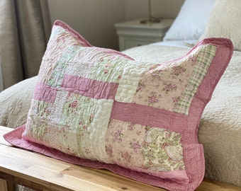 Beautiful Cotton Patchwork Quilted Pillowcase with Crochet Lace Squares, Country Floral, Gingham Check Oxford Edge Fabric Material Crafts