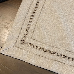 Luxury Woven Faux Linen Neutral Natural Beige Taupe Table Runner Cutwork Lace Border Plain Table Linen Contemporary Minimalist Simple image 5