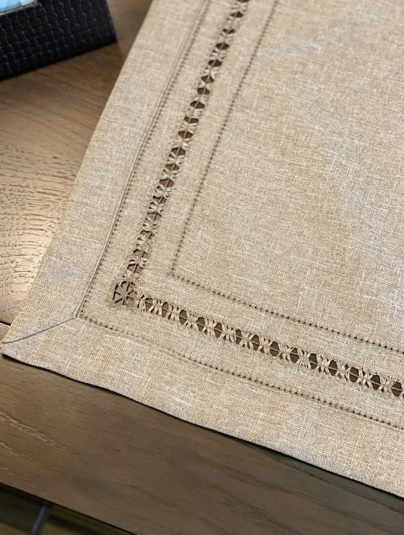 Luxury Woven Faux Linen Neutral Natural Beige Taupe Table Runner Cutwork Lace Border Plain Table Linen Contemporary Minimalist Simple image 5