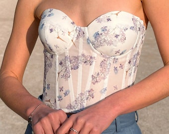 Haut corset lilas de bal de promo, robe corset florale sur mesure Disney, haut corset fait main