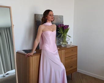Pink Prom Dress with Dropped Waist, Corset Evening Gown, Pastel Pink Silk Satin Maxi Dress, Non Traditional Wedding Dress, Chic Formal Dress