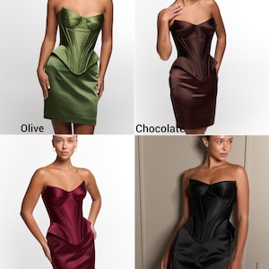 Peut inclure: Quatre mini-robes bustier en olive, chocolat, bordeaux et noir. Chaque robe pr&eacute;sente un corsage corset structur&eacute; avec des coutures verticales et une taille basque, associ&eacute; &agrave; une jupe ajust&eacute;e. Les couleurs sont &eacute;tiquet&eacute;es avec du texte en bas de chaque image.