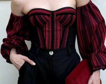 Corset top Ukraine detachable sleeves, black and red hand made corset top