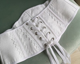 Linen underbust corset belt, lace cover white corset waist, bride corset belt