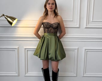 Mini satin skirt, satin bubble olive skirt, girls bubble mini skirt, prom satin skirt
