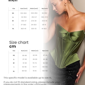 Peut inclure: Tableau des tailles en pouces et centim&egrave;tres pour un corset. Le tableau comprend les mesures de la poitrine, de la taille et des hanches pour les tailles XS &agrave; XL. L'image pr&eacute;sente &eacute;galement une femme portant un corset vert.