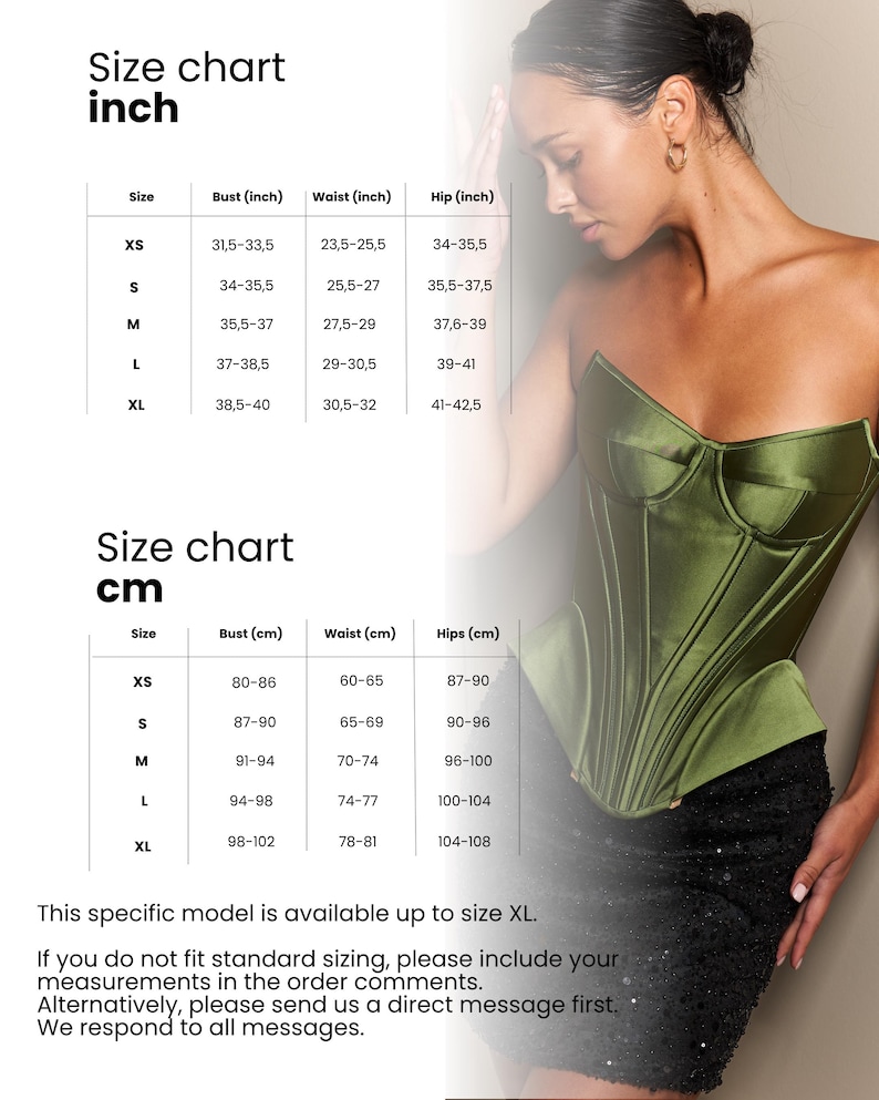 Peut inclure: Tableau des tailles en pouces et centim&egrave;tres pour un corset. Le tableau comprend les mesures de la poitrine, de la taille et des hanches pour les tailles XS &agrave; XL. L'image pr&eacute;sente &eacute;galement une femme portant un corset vert.