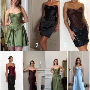 Peut inclure: Sept robes corset de diff&eacute;rentes couleurs sont pr&eacute;sent&eacute;es. Les robes comprennent des hauts de corset verts, noirs, marron, bordeaux et bleu clair. Les robes ont diff&eacute;rents styles de jupes, notamment des jupes courtes, midi et longues. Les robes sont faites de satin et de sequins.