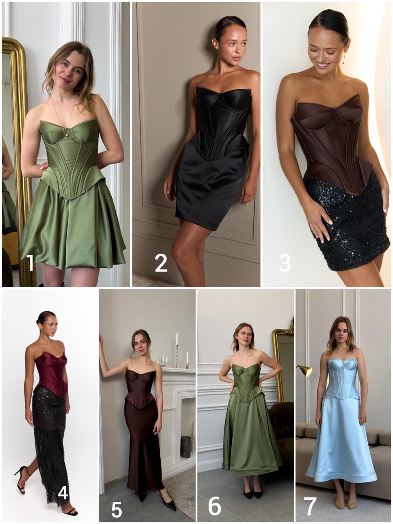 Peut inclure: Sept robes corset de diff&eacute;rentes couleurs sont pr&eacute;sent&eacute;es. Les robes comprennent des hauts de corset verts, noirs, marron, bordeaux et bleu clair. Les robes ont diff&eacute;rents styles de jupes, notamment des jupes courtes, midi et longues. Les robes sont faites de satin et de sequins.