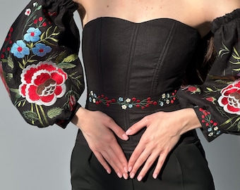 Linen custom corset with flowers, machine embroidered corset top, black corset with long detachable sleeves, Ukrainian custom corset
