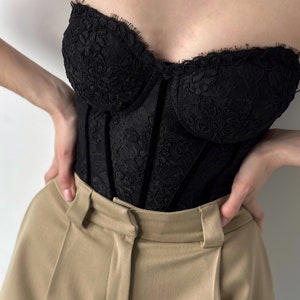 Black corset top, lace custom made prom corset top,  party dress, black prom dress