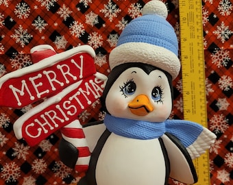 Free USA Ship! Large Penguin w/ Merry Christmas Sign! Custom Finish Ceramic! WOW!