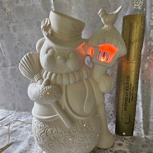 FREE USA Shipping! Big " Snowman w/Lamp Post Light-Up "! U Paint Ceramic Bisque! Unpainted Ready to Paint! WOW!