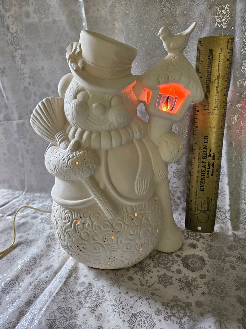 FREE USA Shipping Big Snowman w/Lamp Post Light-Up U Paint Ceramic Bisque Unpainted Ready to Paint WOW image 1