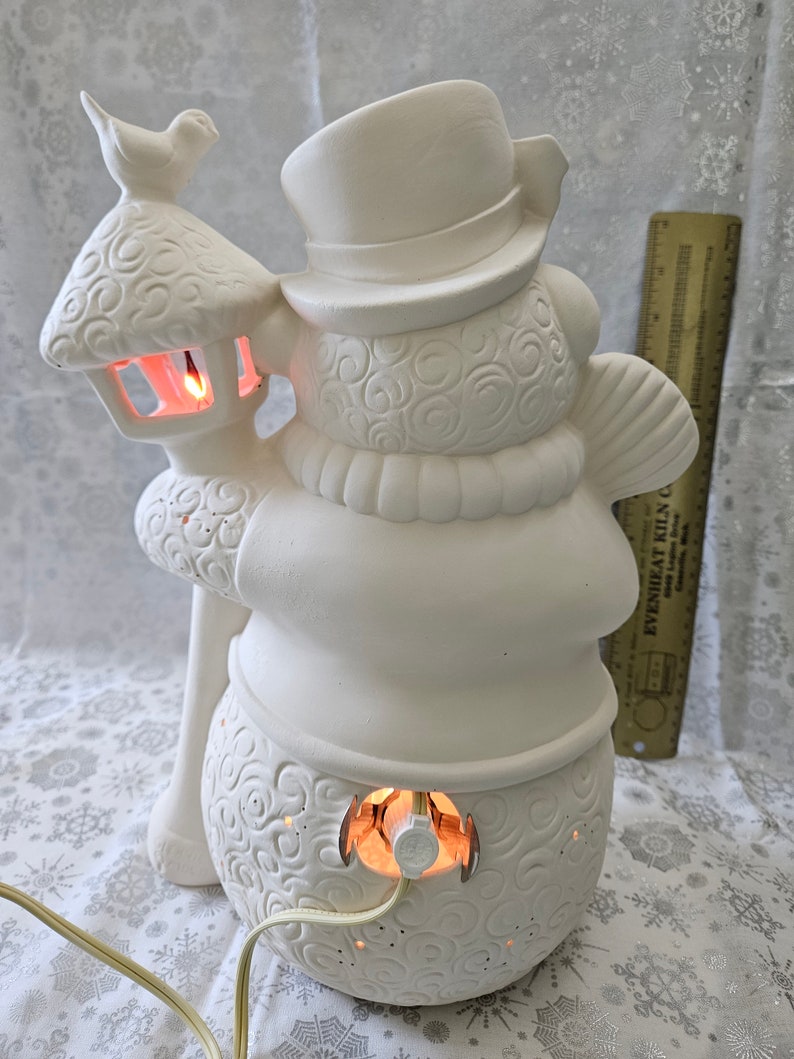 FREE USA Shipping Big Snowman w/Lamp Post Light-Up U Paint Ceramic Bisque Unpainted Ready to Paint WOW image 5