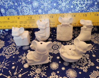 Mini MICE Ornaments ( Set of 6 )! U Paint Ceramic Bisque! Unpainted Ready to Paint! WOW!