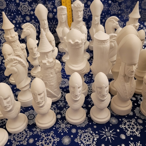 FREE USA Ship!  Large Chess Set! King Arthur, Guinevere,etc! U Paint Ceramic Bisque! Unpainted Ready to Paint! WOW!