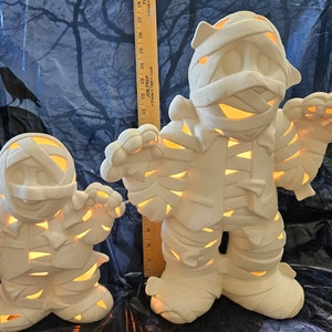 BOO!  " Mummy Sr & Mummy Jr Light-Ups "! Xtra Large Set! U Paint Ceramic Bisque! Unfinished Ready to Paint! WOW!