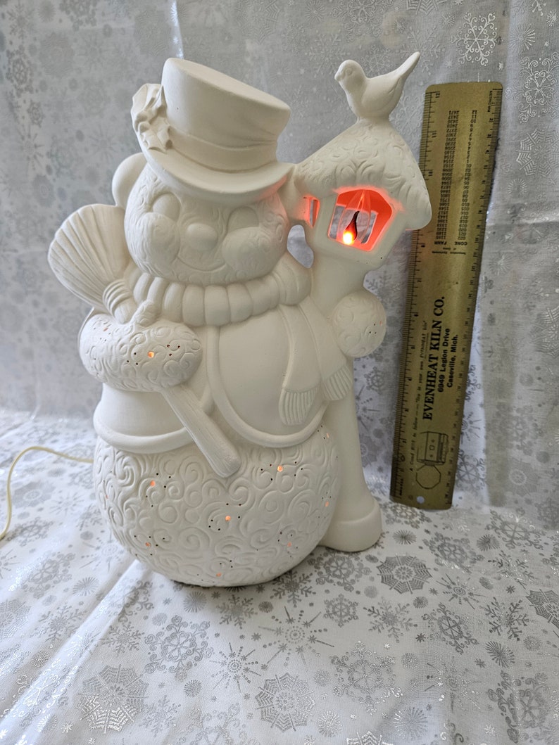FREE USA Shipping Big Snowman w/Lamp Post Light-Up U Paint Ceramic Bisque Unpainted Ready to Paint WOW image 2