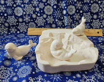 FREE USA Shipping! " Baby Seals on Rock/Ice Dish Set "! U Paint Ceramic Bisque! Unfinished Ready to Paint! WOW!