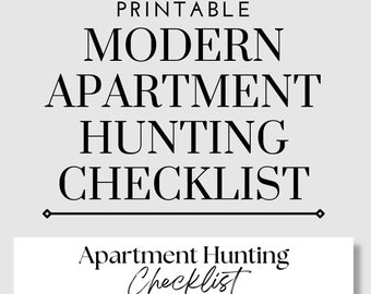 May include: Printable apartment hunting checklist with sections for apartment details, included in price, the basics, type, and amenities. The checklist includes fields for address, price per month, length of lease, landlord name, landlord phone number, number of bedrooms, move in date, deposit, date viewed on, parking, wifi, electricity, water, gas, temperature control, smoke detector, pet friendly, dishwasher, renovated, balcony, closet space, kitchen storage, apartment building, house, basement, pool, gym, and none.