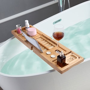 Luxury Bathtub Caddy Tray, Perfect Mother's Day Gift, Eco Bamboo Bath Tray, Book iPad Stand,Phone Holder & Wine Glass Slot, Gift for her mom image 2
